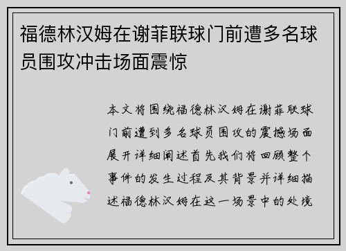 福德林汉姆在谢菲联球门前遭多名球员围攻冲击场面震惊